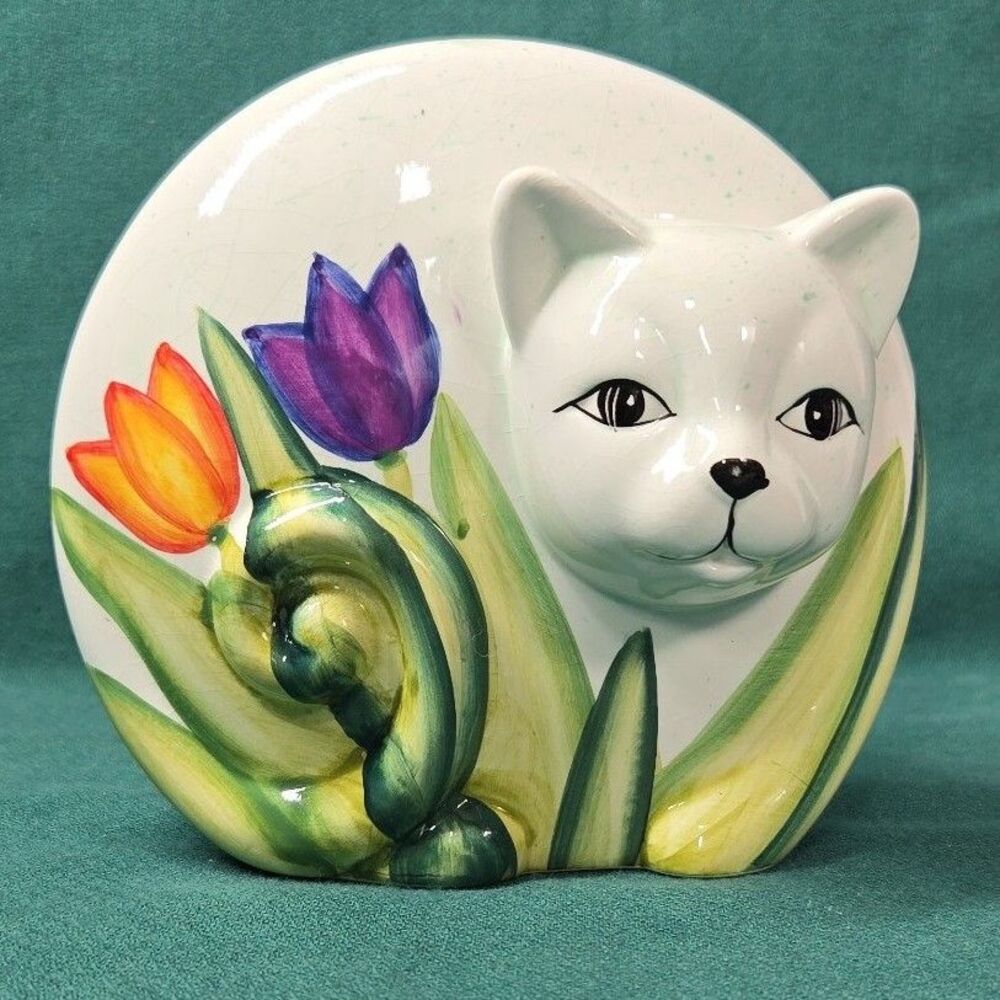 VTG 5" White Round Cat Figurine Tulip Flowers Ceramic Home Decor Crazy Cat Lady